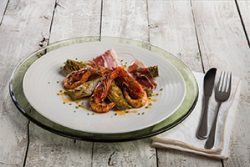 Foto receta de alcachofas confitadas con gamba roja pescanova fish solutions